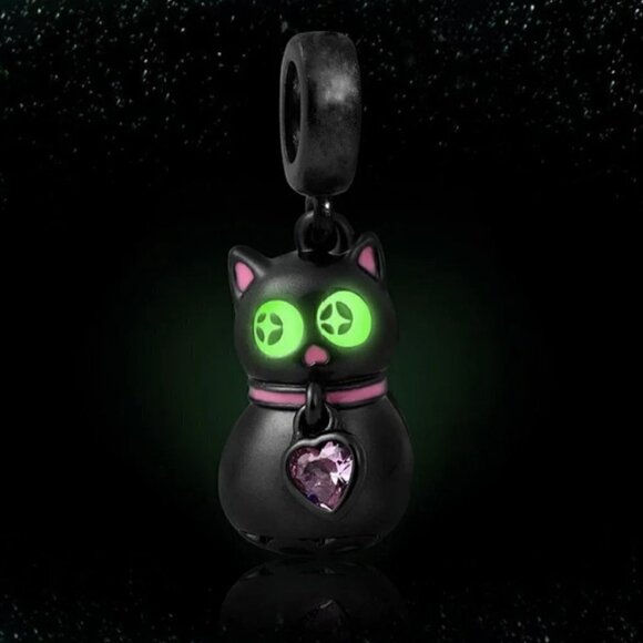 Sterling Silver Black Enamel Cat With Glow-in-the-Dark Eyes Charm - Picture 1 of 11